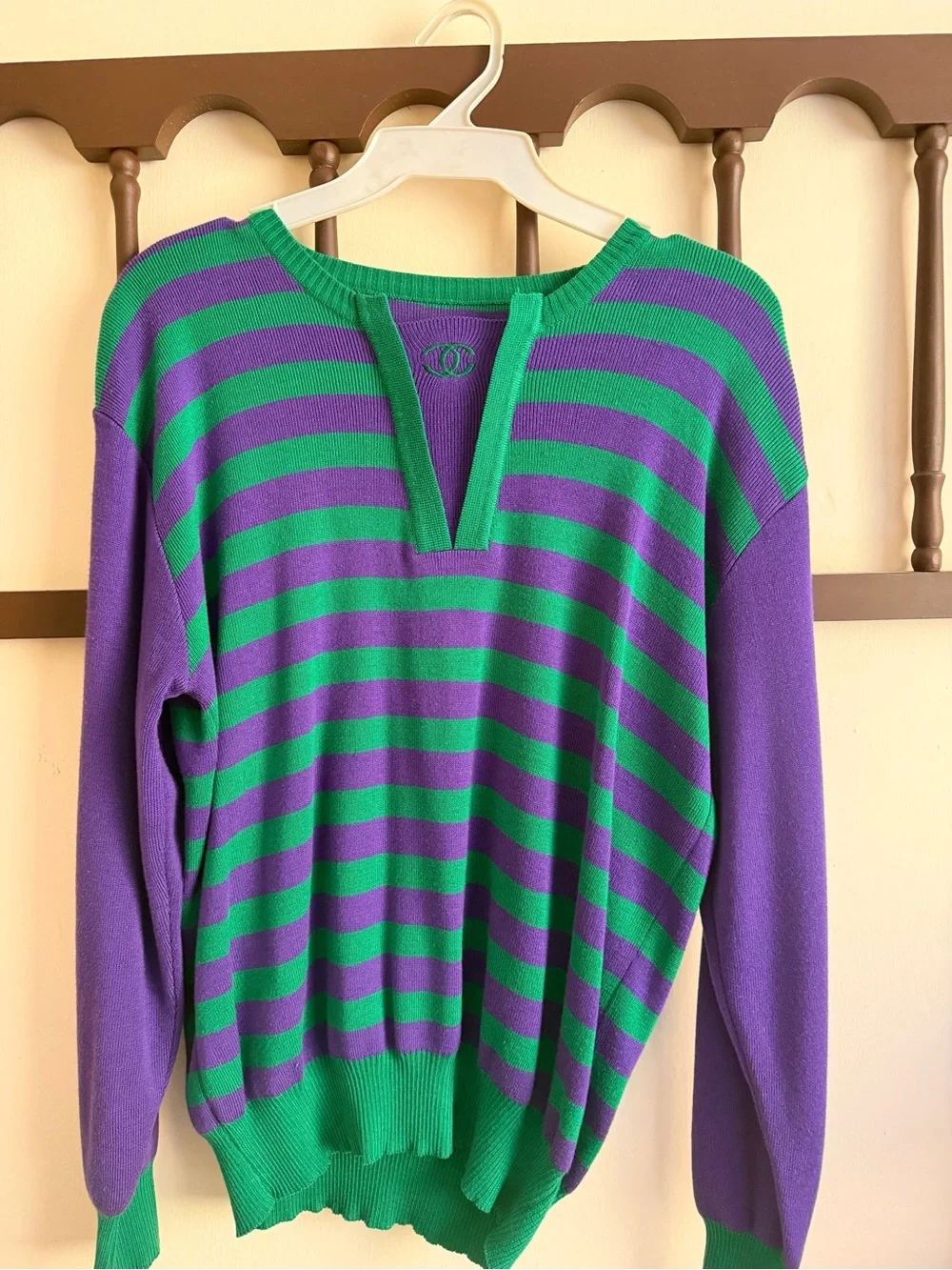 Striped Green & Purple Womens Sweater - Classic V-Notch Pullover